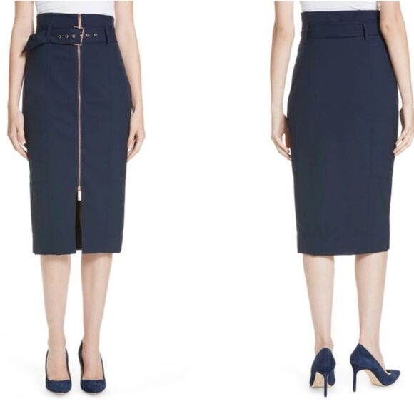 Ted Baker XL (5) Navy Kaara Midi Front Zip High Waist Belted Pencil Skirt - Picture 1 of 14
